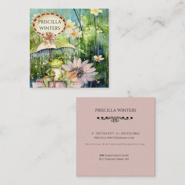  Watercolor Frog Umbrella Flowers Square Business Card (Front/Back)