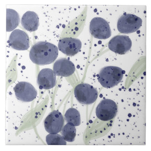 Watercolor Fruit Blueberry Purple Splash Art Ceramic Tile
