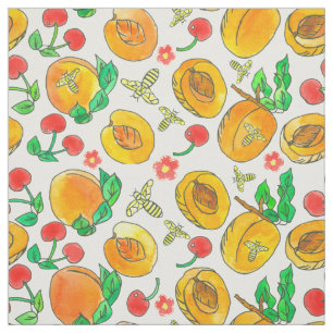 Watercolor Fruit Flowers Bees Apricots Cherry Fabric