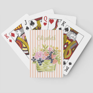 Watercolor Fruits and Flowers Basket on Stripes Playing Cards