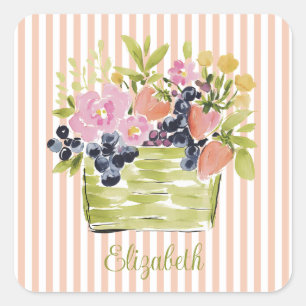 Watercolor Fruits and Flowers Basket on Stripes Square Sticker