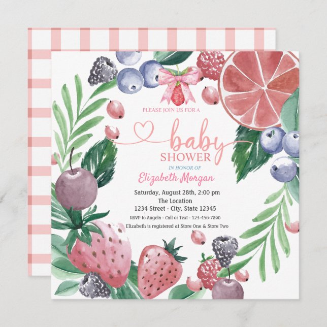 Watercolor Fruits Plaid Red Berry Sweet Invitation (Front/Back)