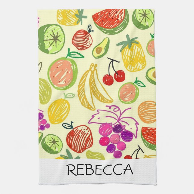 Watercolor Fruits Seamless Colourful Monogram Tea Towel (Vertical)
