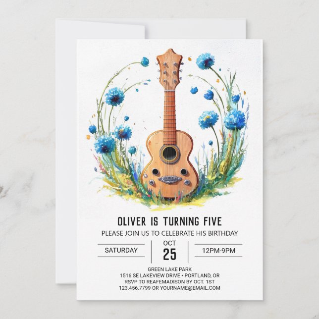 Watercolor Fun Guitar Boy Birthday Invitation (Front)