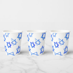 Watercolor Fun Messy Cool Blue Star of David  Paper Cups