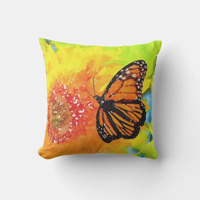 Watercolor Fun Monarch Butterfly On Sunflower Cushion (Front)