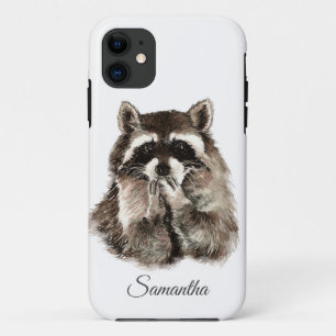 Watercolor Fun Racoon Blowing Kisses Custom Name iPhone 11 Case