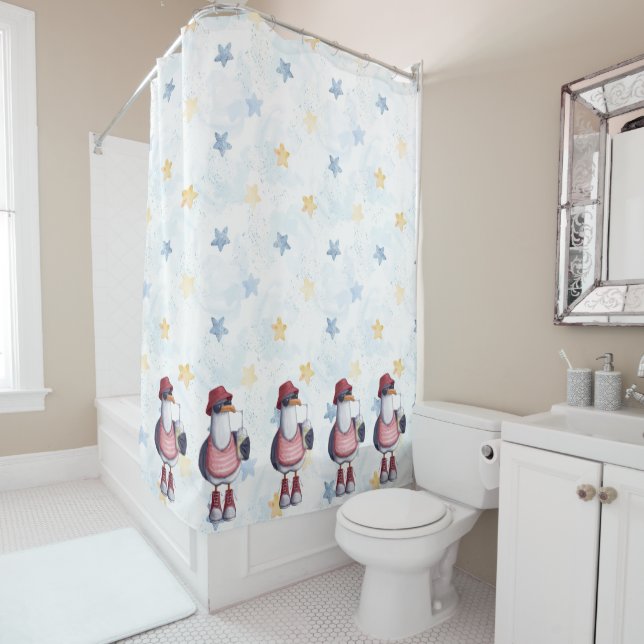 Watercolor Fun Seagull Cartoon Red Blue Kids Shower Curtain (In Situ)