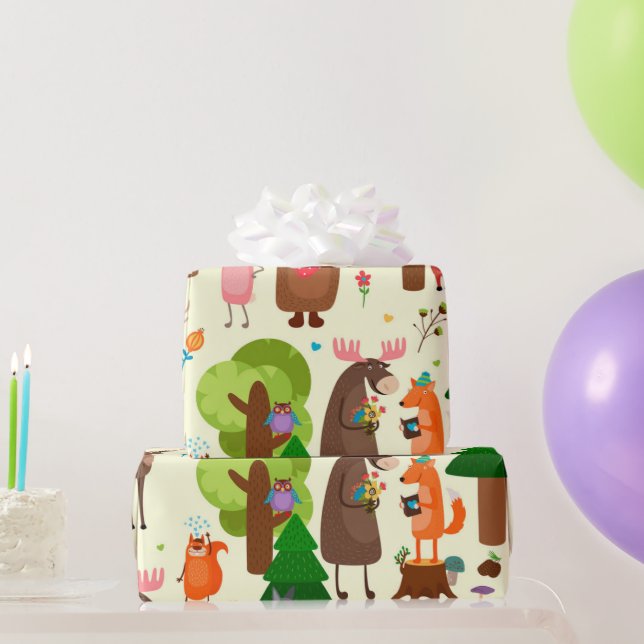 Watercolor Fun Woodland Animal Cartoons Wrapping Paper (Party Gifts)