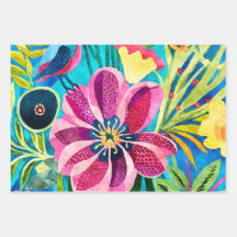 Watercolor Funky Bird Flowers Pattern
