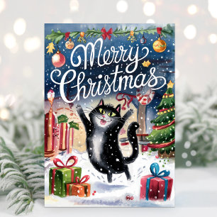 Watercolor Funny Black Cat Merry Christmas Card