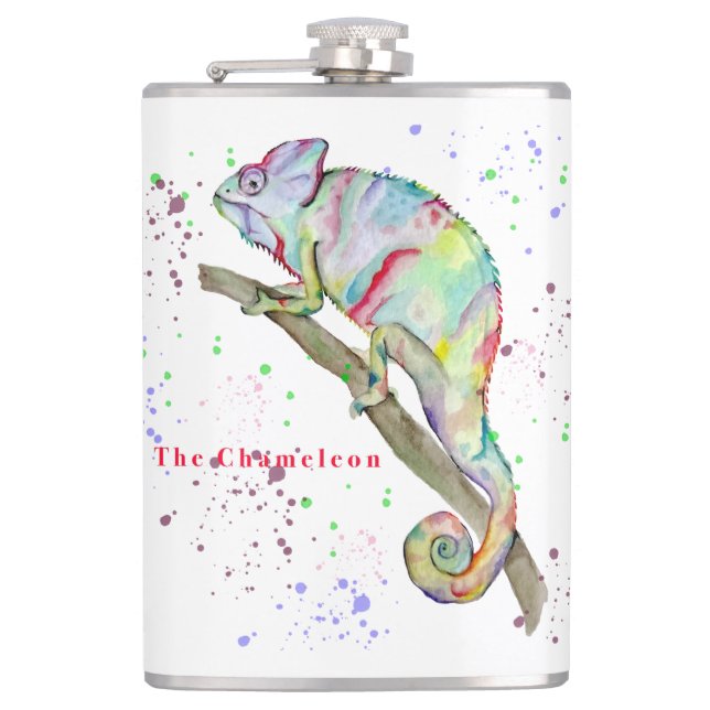 Watercolor funny chameleon hip flask (Front)