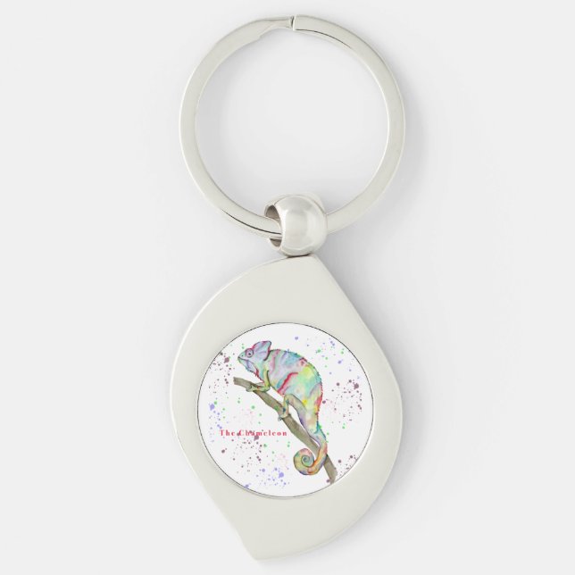 Watercolor funny chameleon key ring (Front)