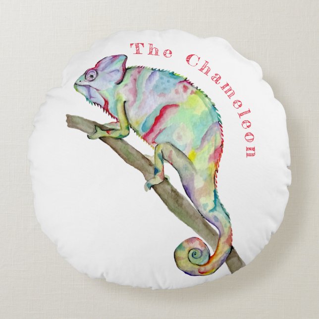 Watercolor funny chameleon round cushion (Front)