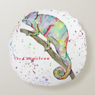 Watercolor funny chameleon round cushion