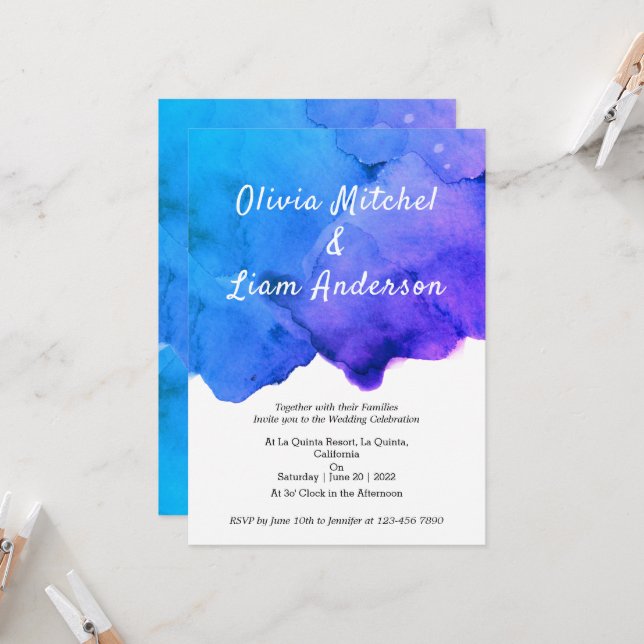 Watercolor Galaxy Blue and Purple Wedding  Invitation (Front/Back In Situ)