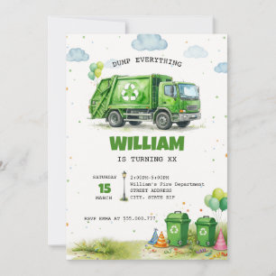 Watercolor Garbage Truck Recycling Birthday Invitation
