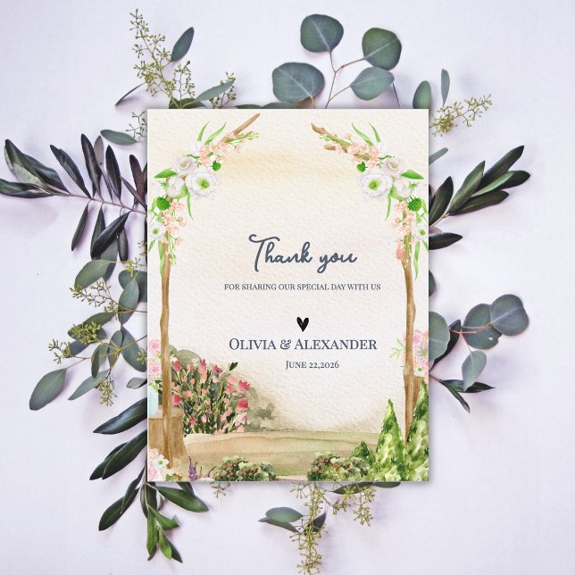 Watercolor Garden Arch Romantic Wedding Thank You Postcard (Watercolor Garden Arch Wedding Thank You Card Romantic Botanical Floral Thank You Note)