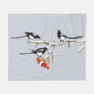 Watercolor Garden Bird Magpies Wildlife Nature Art Fleece Blanket