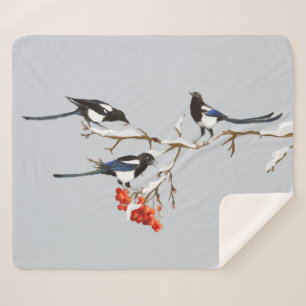 Watercolor Garden Bird Magpies Wildlife Nature Art Sherpa Blanket