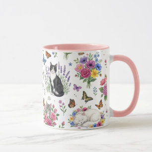 Watercolor Garden Cat Mug - Floral & Butterfly