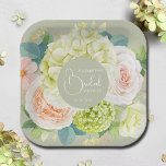 Watercolor Garden Florals Bridal Shower Paper Plate<br><div class="desc">Beautiful watercolor white and green hydrangeas,  pink and cream roses,  daisies,  small blossoms and leaves on sage green,  personalise these paper plates for your bridal shower,  engagement party,  wedding or any occasion with your details in chic lettering. MATCHING items in our collection.</div>