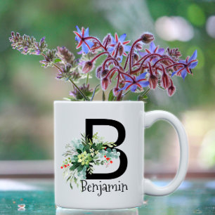 Watercolor garden flower monogram black coffee mug