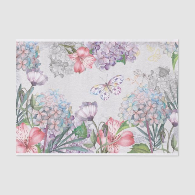 Watercolor Garden Flowers Butterfly Dragonfly Tissue Paper (Front)
