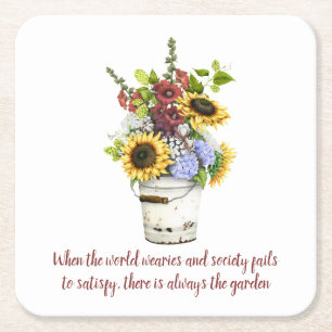 Watercolor Garden Flowers Quote Rustic Farmhouse Square Paper Coaster