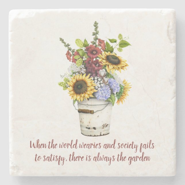 Watercolor Garden Flowers Quote Rustic Tin Bucket Stone Coaster (Front)