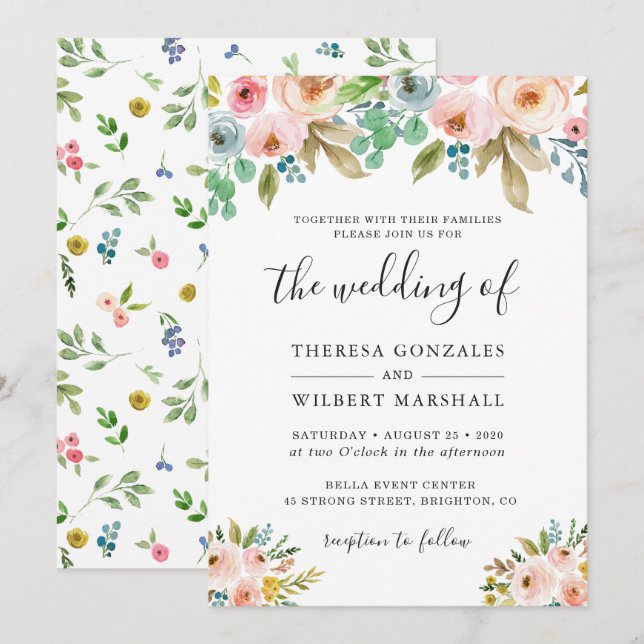 Watercolor Garden Fresh Flowers Wedding Invitation (Front/Back)