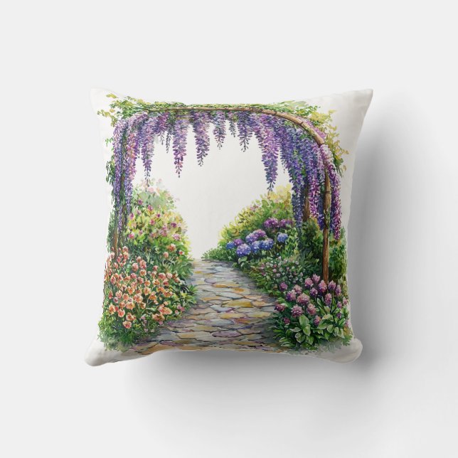 Watercolor Garden Gate Flowery Painting Cushion (Back)