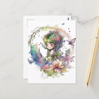 Watercolor Garden Girl - Green Hair Postcard