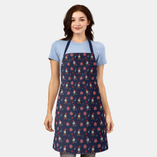 Watercolor Garden Gnomes Pattern Navy Blue Apron