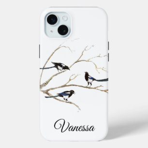 Watercolor Garden Magpie Bird Family Custom Name iPhone 15 Mini Case