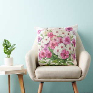 Watercolor Garden Phlox Flowers Throw Pillow