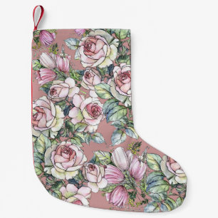 Watercolor Garden: Rose Tulip Elegance. Small Christmas Stocking