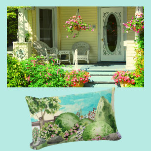 Watercolor Garden Scene Lumbar Cushion