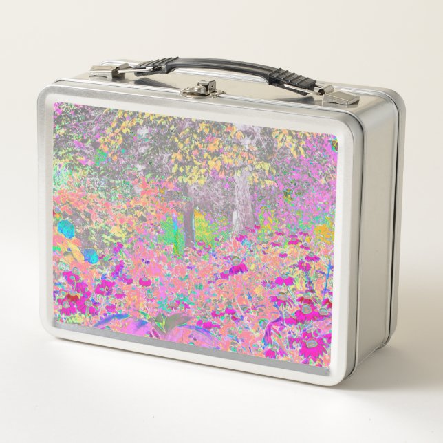 Watercolor Garden Sunrise with Purple Flowers Metal Lunch Box (Front)