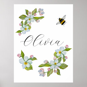 Watercolor garden tree flowers and bumblebee. poster