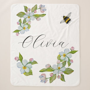 Watercolor garden tree flowers and bumblebee. sherpa blanket