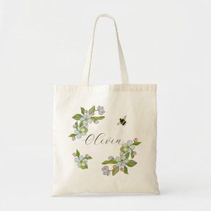 Watercolor garden tree flowers and bumblebee. tote bag