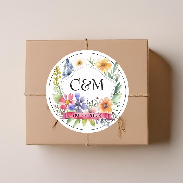 Watercolor Garden Wildflowers Wedding Monogram Classic Round Sticker (Creator Uploaded)