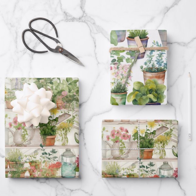 Watercolor Gardening Pattern Wrapping Paper Sheet (Front)