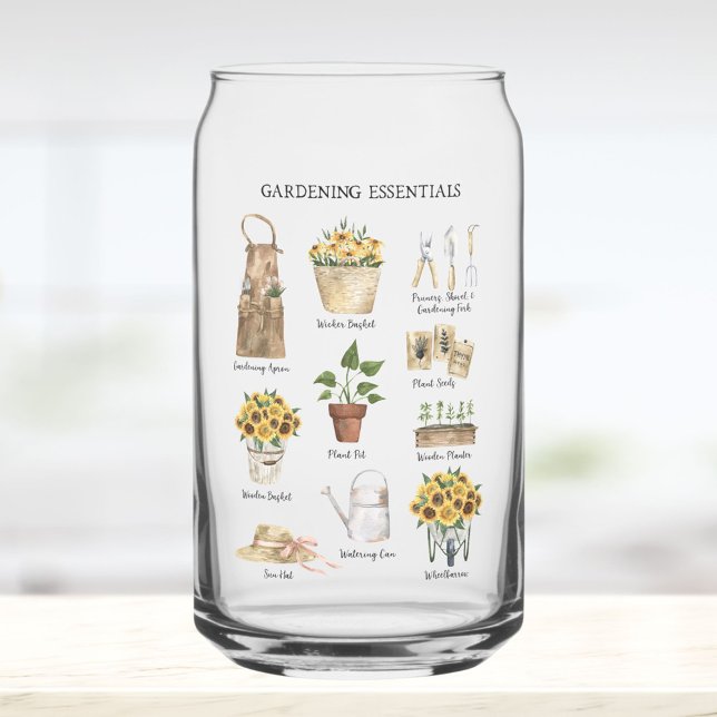 Watercolor Gardening Tools Sunflower Garden Can Glass (In situ)