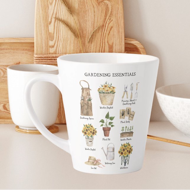 Watercolor Gardening Tools Sunflower Garden Latte Mug (In situ)