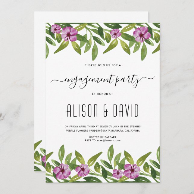 Watercolor garland purple wedding engagement party invitation (Front/Back)