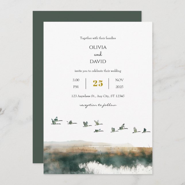 Watercolor Geese Coastal Twilight Beach Wedding  Invitation (Front/Back)