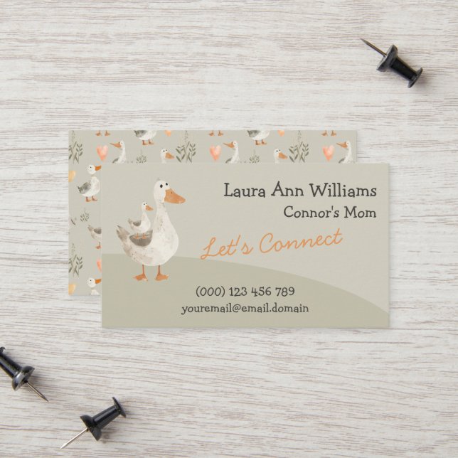 Watercolor Geese Mummy Playdate Calling Card (Front/Back In Situ)