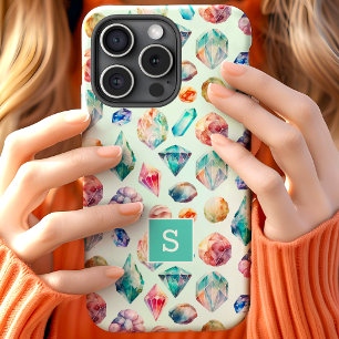 Watercolor Gemstones And Crystals Pattern Monogram iPhone 15 Case